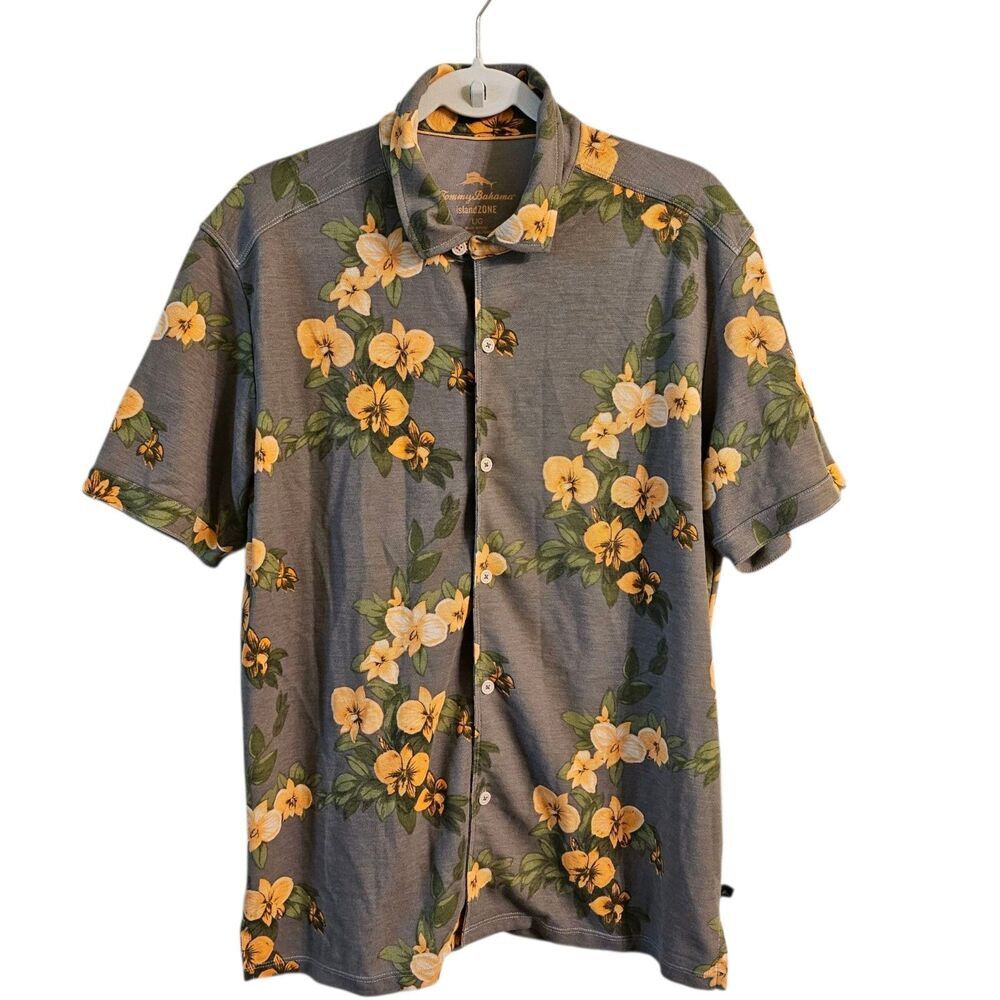Tommy Bahama IslandZone Men Polo Shirt Large Gray Tropical Pima Cotton Button-Up
